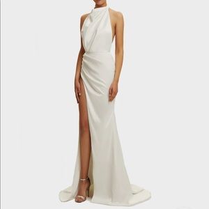 Milla mock neck satin dress with high slit (white)